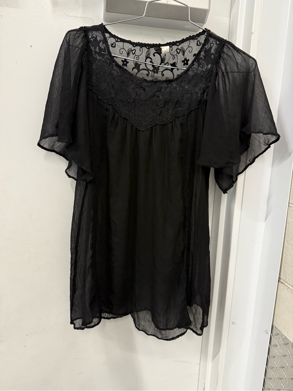 Divided Black Lace Yoke Sheer Flutter Sleeve Top